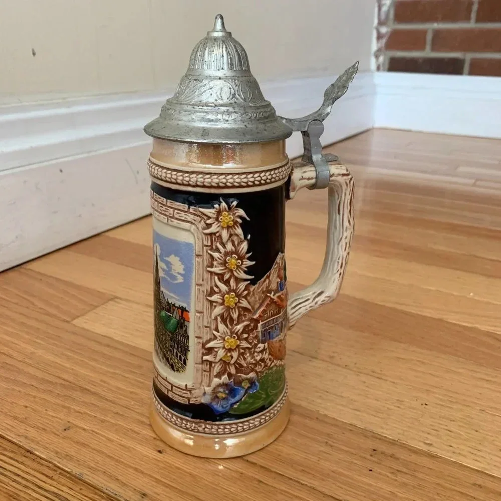 Vintage GERZIT German Beer Stein Handgemalt with Pewter Lid